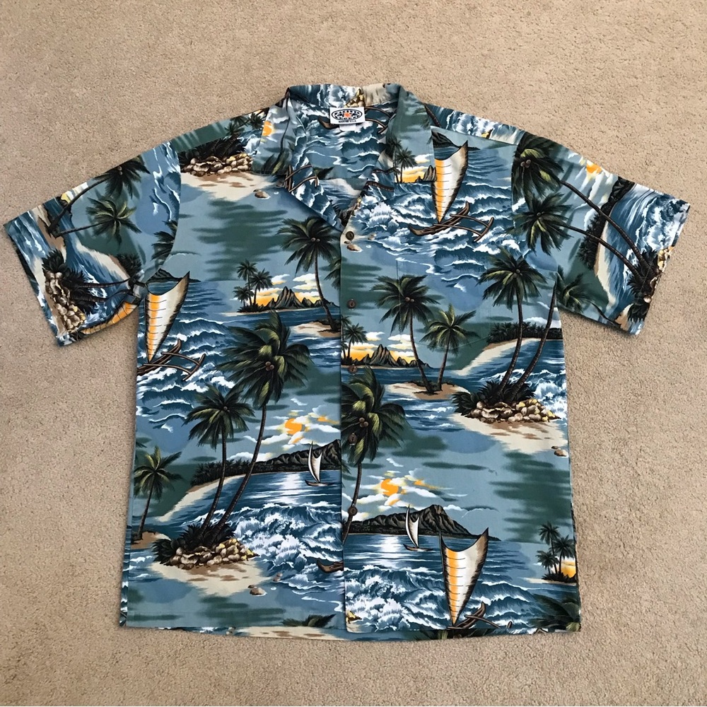 Pacific Legend Aloha Hawaiian Camp Shirt Mens XL Made In Hawaii Blue Cotton
